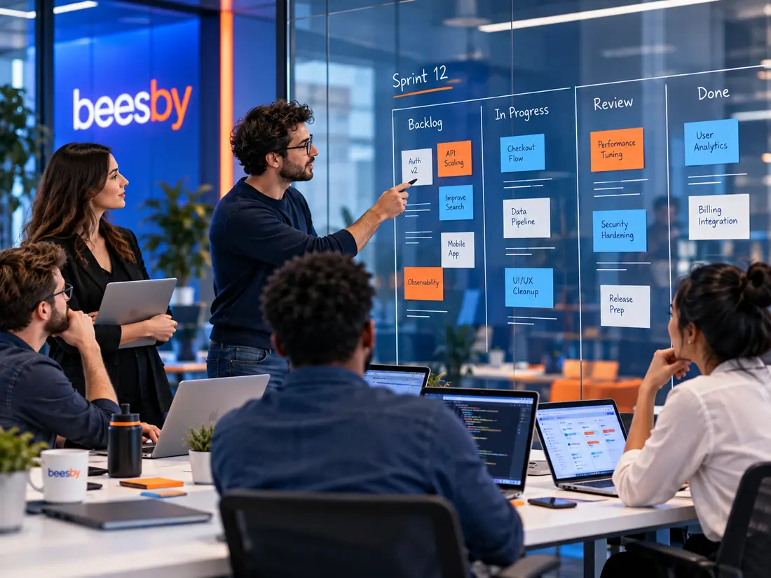 Squad de engenharia e planejamento de sprint em painel de vidro